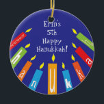 Hanukkah Happy Colorful Candles Ornament<br><div class="desc">Hanukkah Happy Colorful Candles Ornament.
Personalize each side by deleting existing text and adding your own with your favorite font style,  color and size. Happy Hanukkah! Thanks for shopping and stopping by! Much appreciated!</div>