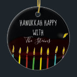 Hanukkah Happy Colorful Menorah Candles Ceramic Ornament<br><div class="desc">Hanukkah "Hanukkah Happy Colorful Menorah Candles" Circle Ornament. (2 sided) Personalize by deleting text on front and back of the ornament. Then using your favorite font color, size, and style, type in your own words. Thanks for stopping and shopping by. Much appreciated! Happy Chanukah/Hanukkah! Bring a lot more holiday cheer...</div>
