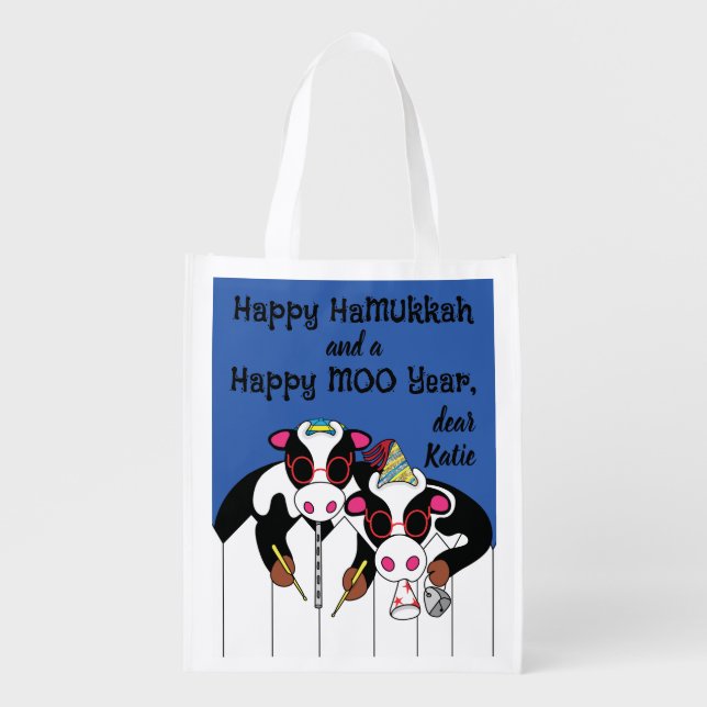 Hanukkah Happy Cows Grocery Bag (Front)