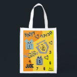 Hanukkah Happy Dancing Dreidels Grocery Bag<br><div class="desc">Hanukkah Happy Dancing Dreidels white 2-sided bag. All design elements can be edited. All editable text can be deleted and replaced with your own message. Use your favorite font color, size, and style. Happy Hanukkah/Chanukah! Style: Reusable Bag Go green and save the planet with our reusable grocery bag! Made with...</div>