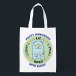 Hanukkah Happy Dog, Light, Eat, Spin Grocery Bag<br><div class="desc">Hanukkah Happy Dog, Light, Eat, Spin, white 2-sided bag. All design elements can be edited. All editable text can be deleted and replaced with your own message. Use your favorite font color, size, and style. Happy Hanukkah/Chanukah! Style: Reusable Bag Go green and save the planet with our reusable grocery bag!...</div>