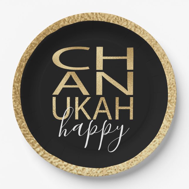 Hanukkah Happy Gold Letters Paper Plates (Front)