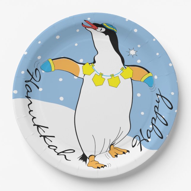 Hanukkah Happy Penguin Paper Plates (Front)