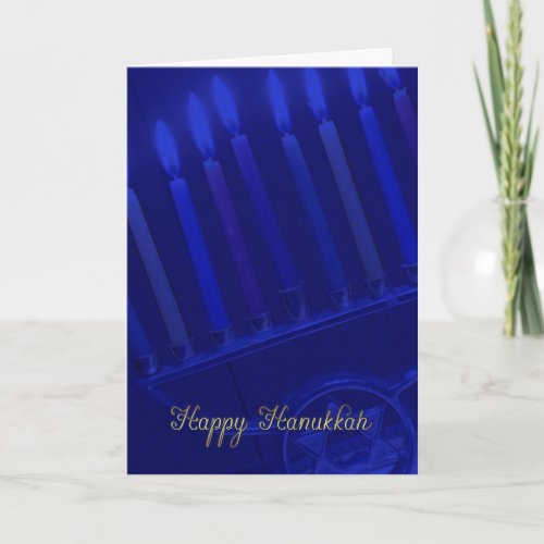 hanukkah holiday card with candles in blue and gol