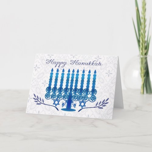 hanukkah holiday card with menorah in blue and whi