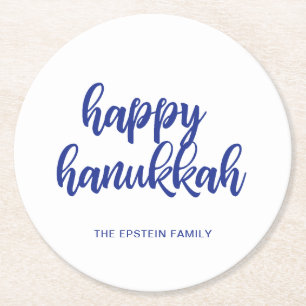 Hanukkah Holiday Modern Blue and White Round Paper Coaster