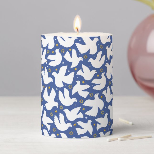 Hanukkah Home Decor Blue Dove Star of David Pillar Candle (In Situ)