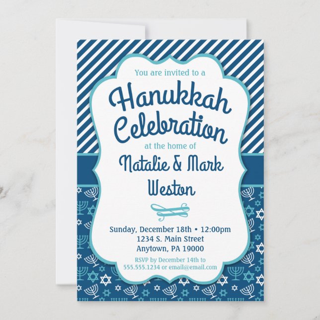 Hanukkah Invitation Blue Menorah Star Of David (Front)