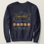 Hanukkah is a Whole Latke Fun Funny Ugly Holiday Sweatshirt<br><div class="desc">This Ugly Hanukkah Sweater (or t-shirt) features the humorous phrase,  "Hanukkah is a whole latke fun." The design includes drawings of dreidels,  a menorah,  the Star of David and more embellishments. The color palette is gray-blue,  light red,  gold and brown.</div>
