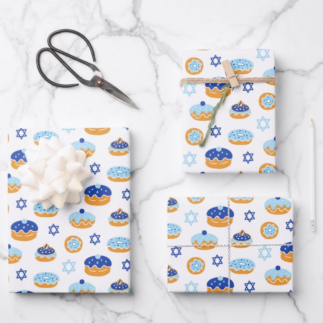 Hanukkah Jelly Donut Star of David Wrapping Paper (Front)