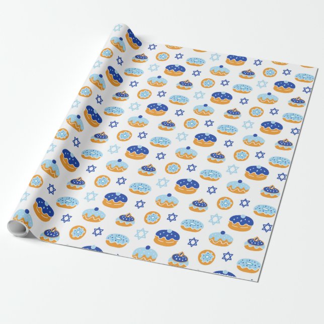 Hanukkah Jelly Donut Star of David Wrapping Paper (Unrolled)