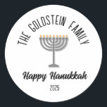 Hanukkah Jewish Chanuka Personalized Family Name Classic Round Sticker<br><div class="desc">Add a festive touch to your Hanukkah celebrations with our custom name accessories! Featuring beautiful Hanukkah related items such as Menorah, Dreidel, and Sufganiyote this is perfect for blessing your friends for the Chanuka! The highlight? A personalized family name feature! Add your family name to the design, such as "The...</div>