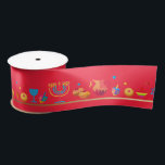 Hanukkah Jewish Holiday Hanukkiah Decoration Satin Ribbon<br><div class="desc">Happy Hanukkah Party Jewish Holiday Festival of Lights. Winter Holiday Chanukkah Decoration with gold traditional Chanuka decorative symbols - Gold Hanukkiah menorah, candlestick with candles, wooden dreidels (spinning top), doughnuts (sweet donuts), star of David and glowing lights doodle cartoon pattern, cartoon style. Hanukkah Festival of lights Event Decoration. Jerusalem, Israel....</div>