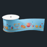 Hanukkah Jewish Holiday Hanukkiah Decoration Satin Ribbon<br><div class="desc">Happy Hanukkah Party Jewish Holiday Festival of Lights. Winter Holiday Chanukkah Decoration with gold traditional Chanuka decorative symbols - Gold Hanukkiah menorah, candlestick with candles, wooden dreidels (spinning top), doughnuts (sweet donuts), star of David and glowing lights doodle cartoon pattern, cartoon style. Hanukkah Festival of lights Event Decoration. Jerusalem, Israel....</div>