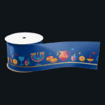 Hanukkah Jewish Holiday Hanukkiah Decoration Satin Ribbon<br><div class="desc">Happy Hanukkah Party Jewish Holiday Festival of Lights. Winter Holiday Chanukkah Decoration with gold traditional Chanuka decorative symbols - Gold Hanukkiah menorah, candlestick with candles, wooden dreidels (spinning top), doughnuts (sweet donuts), star of David and glowing lights doodle cartoon pattern, cartoon style. Hanukkah Festival of lights Event Decoration. Jerusalem, Israel....</div>