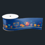Hanukkah Jewish Holiday Hanukkiah Decoration Satin Ribbon<br><div class="desc">Happy Hanukkah Party Jewish Holiday Festival of Lights. Winter Holiday Chanukkah Decoration with gold traditional Chanuka decorative symbols - Gold Hanukkiah menorah, candlestick with candles, wooden dreidels (spinning top), doughnuts (sweet donuts), star of David and glowing lights doodle cartoon pattern, cartoon style. Hanukkah Festival of lights Event Decoration. Jerusalem, Israel....</div>