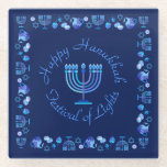 Hanukkah Jewish Holiday Menorah Ornate Mandala Glass Coaster<br><div class="desc">Happy Hanukkah Party Jewish Holiday Blue Menorah pattern. Jewish Holiday Chanukkah Decoration with traditional Chanuka decorative symbol - Navy Blue color hanukkiah menorah, candlestick with candles, star of David and neon blue glowing lights illustration. Hanukkah Festival of lights Event Decoration. Jerusalem, Israel. Electronics > Tablet & Laptop Cases > Laptop...</div>
