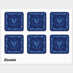Hanukkah Jewish Holiday Menorah Ornate Mandala Square Sticker<br><div class="desc">Happy Hanukkah Party Jewish Holiday Blue Menorah pattern. Jewish Holiday Chanukkah Decoration with traditional Chanuka decorative symbols - Navy Blue color hanukkiah menorah, candlestick with candles, dreidel, donuts, star of David and neon blue glowing lights illustration. Hanukkah Festival of lights Event Decoration. Jerusalem, Israel. Crafts & Party Supplies > Gift...</div>