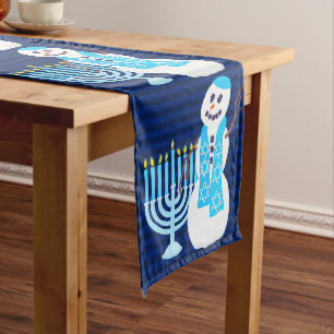 Hanukkah Jewish Snowman And Blue Menorah Holiday Long Table Runner