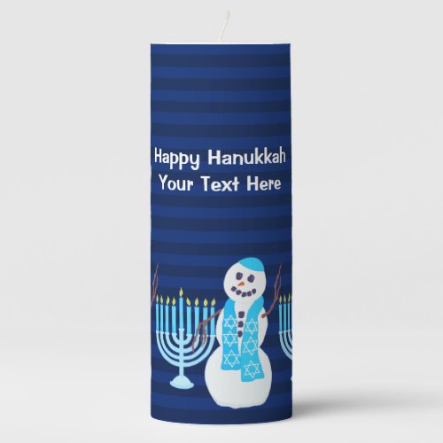 Hanukkah Jewish Snowman And Blue Menorah Lights Pillar Candle