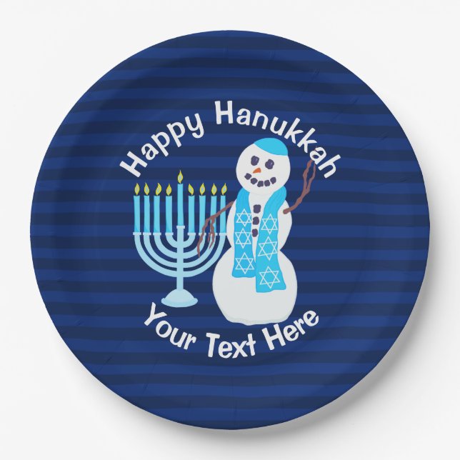 Hanukkah Jewish Snowman And Blue Menorah Party Paper Plates (Front)