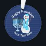 Hanukkah Jewish Snowman Blue Menorah Chrismukkah Ornament<br><div class="desc">Hang this personalized Hanukkah ornament from a window, the fireplace mantel or on the Chanukkah bush if you have one. Your custom white text pops on the navy blue stripes on one side, with no text and a larger version of the smiling snowman and light blue Hanukiah on the other....</div>