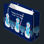 Hanukkah Jewish Snowman Blue Menorah For Kids Large Gift Bag<br><div class="desc">Hanukkah gifts will make a statement in this one of a kind Happy Chanukkah large gift bag. Personalize it now! This design combines cheerful snowmen in bright blue Star Of David scarves and matching Yarmulkes with blue candle Menorahs. Your custom text will pop on the background of dark blue stripes....</div>