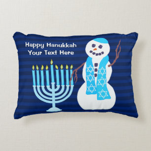 Hanukkah Jewish Snowman Blue Menorah Holiday Decorative Pillow