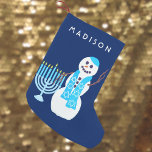 Hanukkah Jewish Snowman Menorah SML Chrismukkah Small Christmas Stocking<br><div class="desc">Personalize this adorable snowman stocking for Chrismukkah or Hanukkah. This double sided Christmas or Chrismukkah stocking is easy to customize with a name in white text on the dark blue background using the easy text templates. In his bright blue Star Of David pattern scarf with his very own light blue...</div>