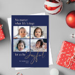Hanukkah Joyful Royal Blue Photo Holiday Card<br><div class="desc">These 5" x 7" Hanukkah flat greeting cards feature placeholders for four of your favorite photos,  family name and year. The greeting is,  "No matter what life brings,  let us be Joyful. The word,  Joyful,  non-editable text is highlighted in gold calligraphy letters on a royal blue background.</div>