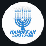 HANUKKAH LASTS LONGER CLASSIC ROUND STICKER<br><div class="desc">Holiday Humor, LGBTQ Designs and Funny Christmas Gifts From LGBTShirts.com Shop for Everyone at LGBTshirts.com - Browse over 10, 000 LGBTQ Gifts, Holiday Humor, Equality, Slang, & Culture Designs. The Most Unique Gay, Lesbian Bi, Trans, Queer, and Intersexed Apparel on the web. SHOP MORE LGBTQ Designs and Gifts at: http://www.LgbtShirts.com...</div>