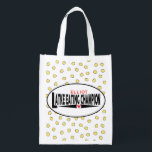 Hanukkah Latke Champion Grocery Bag<br><div class="desc">Hanukkah Latke Eating Champion, white 2-sided bag. All design elements can be edited. All editable text can be deleted and replaced with your own message. Use your favorite font color, size, and style. Happy Hanukkah/Chanukah! Style: Reusable Bag Go green and save the planet with our reusable grocery bag! Made with...</div>