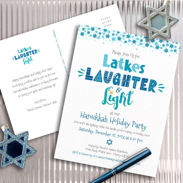 Hanukkah Latke Laughter Light Fun Modern Party  Invitation Postcard (Creator Uploaded)