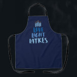 Hanukkah Latkes | Fun Typography Blue Apron<br><div class="desc">Celebrate Hanukkah with this fun "Love, Light, Latkes" apron, featuring playful typography and vibrant blues! It comes in three sizes suitable for adults, teens, and children. Each apron boasts a sublimated neck strap and an adjustable waist string for a perfect fit. Made of 100% polyester, it's also machine washable for...</div>