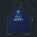Hanukkah Latkes | Fun Typography Blue Apron<br><div class="desc">Celebrate Hanukkah with this fun "Love, Light, Latkes" apron, featuring playful typography and vibrant blues! It comes in three sizes suitable for adults, teens, and children. Each apron boasts a sublimated neck strap and an adjustable waist string for a perfect fit. Made of 100% polyester, it's also machine washable for...</div>