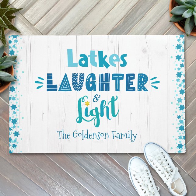 Hanukkah Latkes Laughter Light Blue and White Wood Doormat (Creator Uploaded)