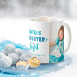 Hanukkah Latkes Laughter Light Fun 2 Photo Custom Coffee Mug<br><div class="desc">“Latkes, laughter & light.” Fun, whimsical handcrafted typography in dusty blue, turquoise and teal on a white background, along with 2 photos of your choice, help you usher in Hanukkah. Feel the warmth and joy of the holiday season whenever you use this stylish and modern personalized 2 photo keepsake holiday...</div>