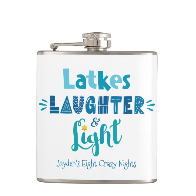 Hanukkah Latkes Laughter Light Funny Custom Name Flask (Front)