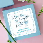 Hanukkah Latkes Laughter Light Hand Drawn Doodles Square Sticker<br><div class="desc">“Latkes, laughter & light.” It’s time to celebrate Hanukkah and usher in the festival of lights with your family and friends. Fun, whimsical navy blue handwritten script typography and turquoise blue and teal hand drawn Hanukkah icon doodles overlay a white background. Feel the warmth and joy of the holiday season...</div>
