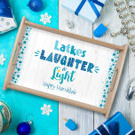 Hanukkah Latkes Laughter Light Modern Rustic Wood Serving Tray<br><div class="desc">“Latkes, laughter & light.” Fun whimsical handcrafted typography along with a random Star of David pattern in dusty blue, turquoise and teal on a rustic, white wood background help you usher in the festival of lights. Feel the warmth and joy of the holiday season whenever you use this simple, modern,...</div>