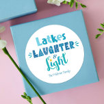 Hanukkah Latkes Laughter Light Modern Typography Classic Round Sticker<br><div class="desc">“Latkes, laughter & light.” Fun, whimsical handcrafted typography in dusty blue, turquoise and teal on a white background, helps you usher in Hanukkah. Feel the warmth and joy of the holiday season whenever you use this stunning, colorful, personalized, custom name Hanukkah sticker. Your choice of a round or square shape,...</div>