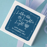 Hanukkah Latkes Laughter Light Navy Hand Drawn Fun Square Sticker<br><div class="desc">“Latkes, laughter & light.” It’s time to celebrate Hanukkah and usher in the festival of lights with your family and friends. Fun, whimsical white handwritten script typography and hand drawn Hanukkah icon doodles overlay a navy blue background. Feel the warmth and joy of the holiday season whenever you use this...</div>