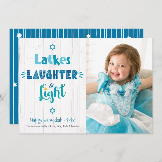 Hanukkah Latkes Laughter Light Photo Rustic Wood Holiday Card (Front/Back)