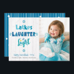 Hanukkah Latkes Laughter Light Photo Rustic Wood Holiday Card<br><div class="desc">“Latkes, laughter & light.” Fun, whimsical handcrafted typography along with Stars of David in dusty blue, turquoise and teal on a rustic, white wood background, along with the photo of your choice, help you usher in Hanukkah. Hand drawn white lines and a random Stars of David pattern overlay a teal...</div>