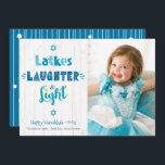 Hanukkah Latkes Laughter Light Photo Rustic Wood Holiday Card<br><div class="desc">“Latkes, laughter & light.” Fun, whimsical handcrafted typography along with Stars of David in dusty blue, turquoise and teal on a rustic, white wood background, along with the photo of your choice, help you usher in Hanukkah. Hand drawn white lines and a random Stars of David pattern overlay a teal...</div>