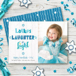 Hanukkah Latkes Laughter Light Photo Rustic Wood Holiday Card<br><div class="desc">“Latkes, laughter & light.” Fun, whimsical handcrafted typography along with Stars of David in dusty blue, turquoise and teal on a rustic, white wood background, along with the photo of your choice, help you usher in Hanukkah. Hand drawn white lines and a random Stars of David pattern overlay a teal...</div>