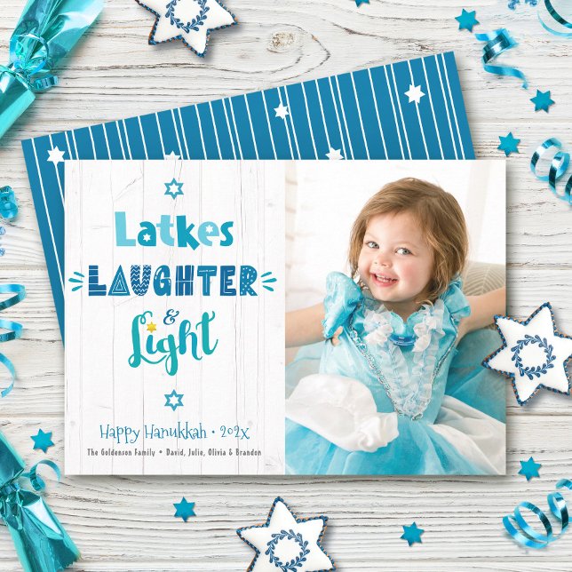 Hanukkah Latkes Laughter Light Photo Rustic Wood Holiday Card (Creator Uploaded)