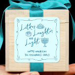Hanukkah Latkes Laughter Light Teal Hand Drawn Fun Square Sticker<br><div class="desc">“Latkes, laughter & light.” It’s time to celebrate Hanukkah and usher in the festival of lights with your family and friends. Fun, whimsical teal turquoise blue handwritten script typography and hand drawn Hanukkah icon doodles overlay a light turquoise blue background. Feel the warmth and joy of the holiday season whenever...</div>