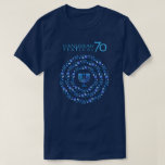 Hanukkah Lights Festival Anniversary 70 T-Shirt<br><div class="desc">Happy Hanukkah Festival of Lights Anniversary 70th Celebration concept design for Clothing & Shoes, Men, Clothing, Tops & T-Shirts, Men's T-Shirts. Trendy design Israeli flag blue color, traditional Chanukah symbols - wooden dreidels (spinning top), donuts, Hanukkiah - menorah, candles, Blue star of David, Israeli flag blue color, and glowing lights...</div>