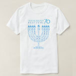 Hanukkah Lights Festival Anniversary 70 T-Shirt<br><div class="desc">Happy Hanukkah Festival of Lights Anniversary 70th Celebration concept design for Clothing & Shoes, Men, Clothing, Tops & T-Shirts, Men's T-Shirts. Trendy design Israeli flag blue color, traditional Chanukah symbols - wooden dreidels (spinning top), donuts, Hanukkiah - menorah, candles, Blue star of David, Israeli flag blue color, and glowing lights...</div>